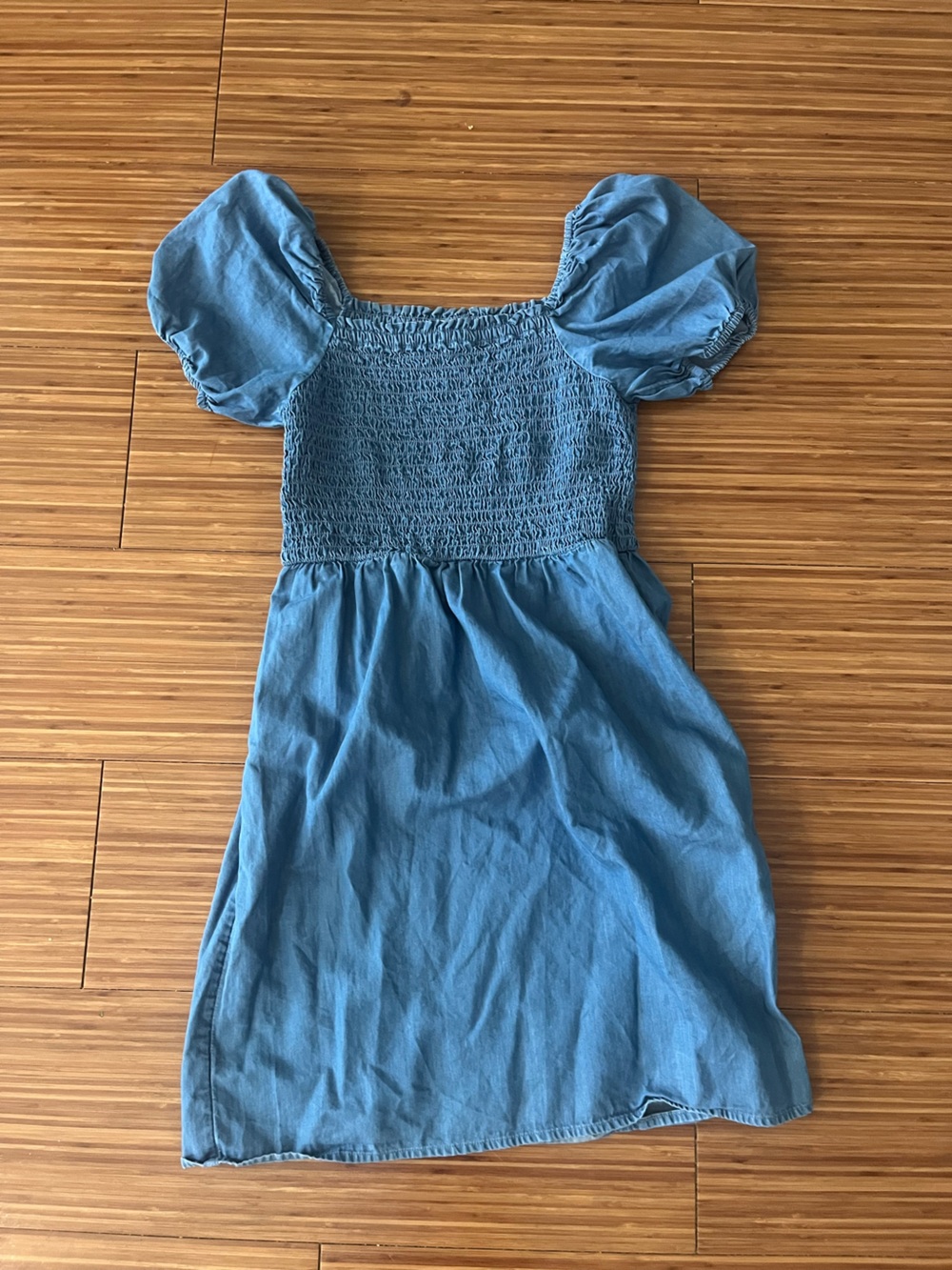 LOFT Blue Smocked Midi Dress with Puff Sleeves